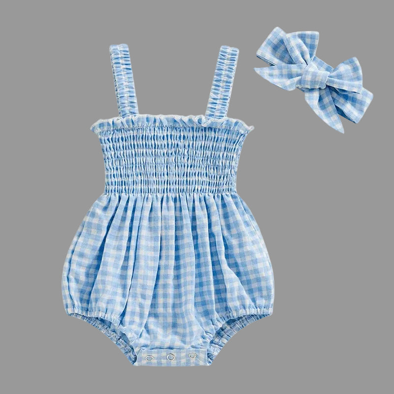 Blue Gingham smocked baby girl romper with matching bow headband