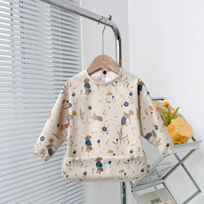 Blue Mouse waterproof long sleeve baby bib with mouse and woodland print