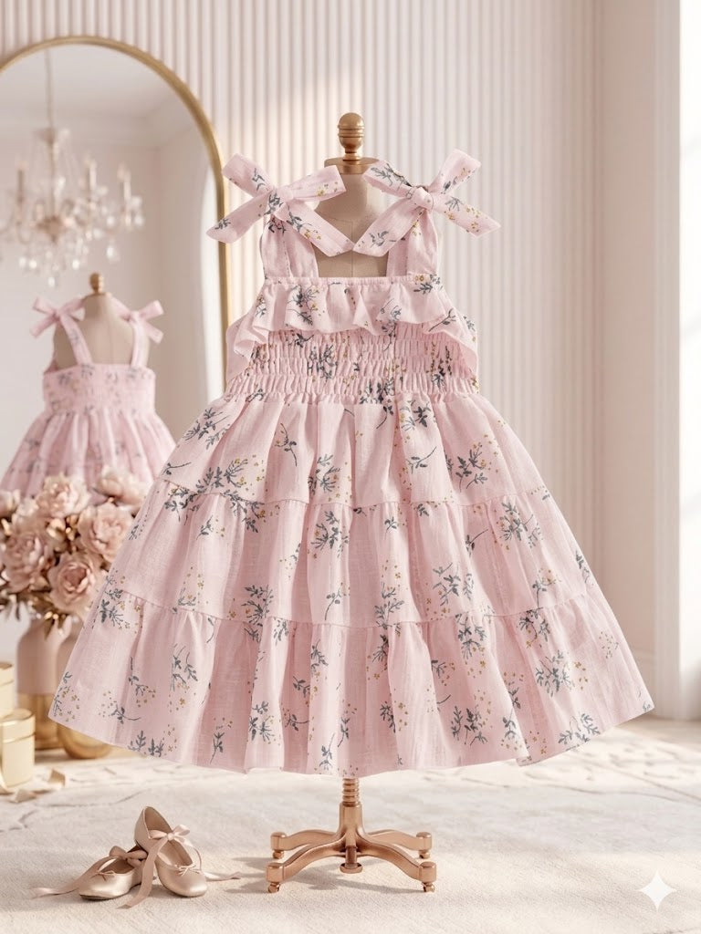 Little girl in an elegant blush rose  floral ruffle dress feeding animals outdoor
