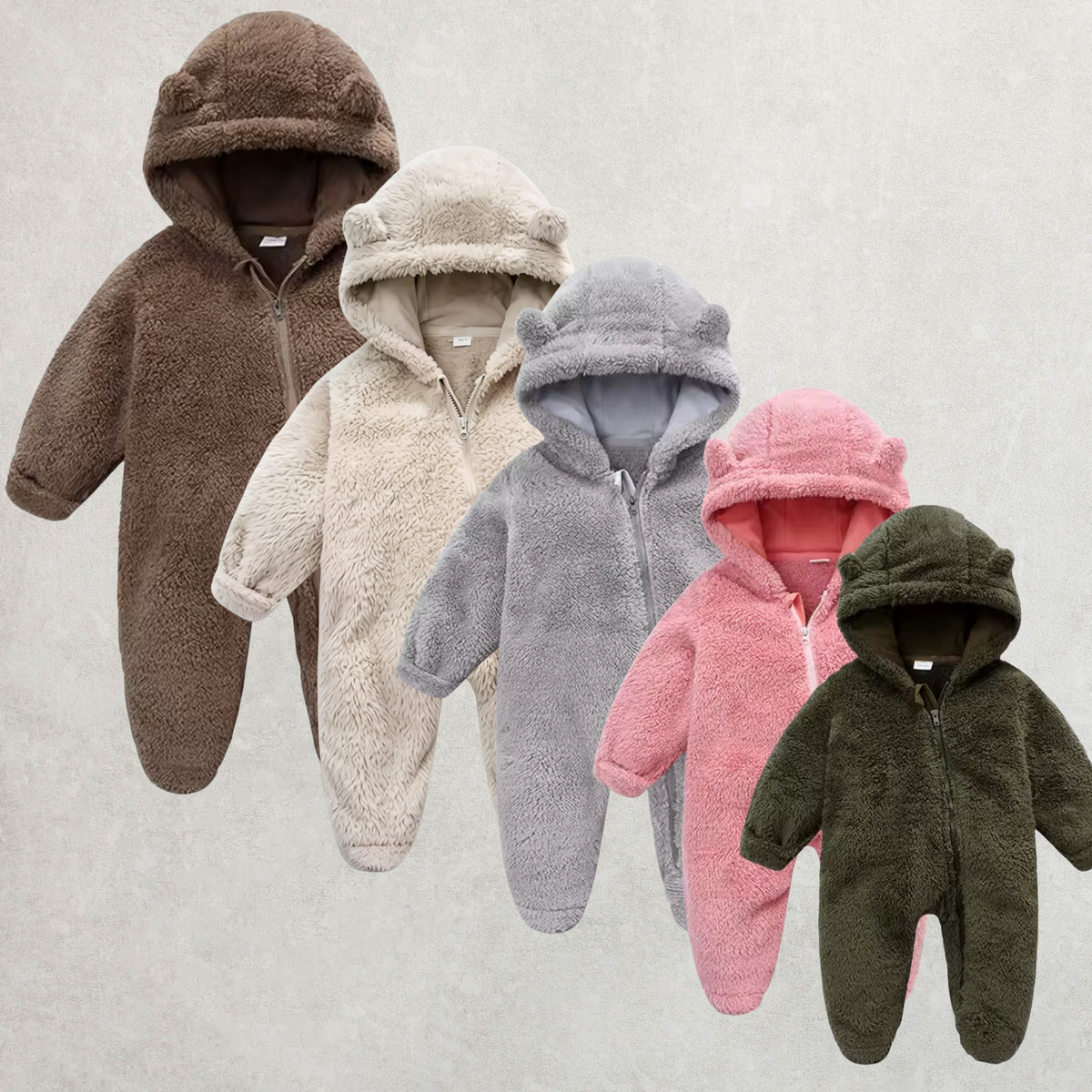 Fuzzy bear hooded baby romper available in brown, beige, gray, pink and army green
