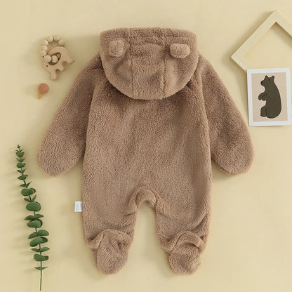 Brown fuzzy bear hooded baby romper back view