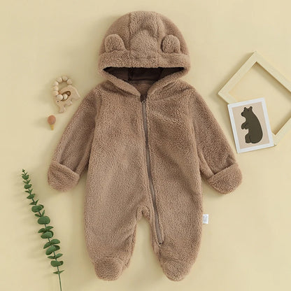 Brown fuzzy bear hooded baby romper front view