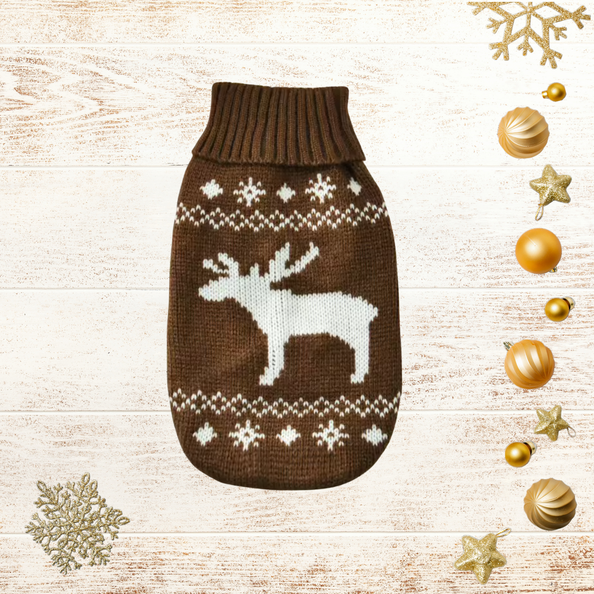 Brown reindeer knit dog sweater featuring a white reindeer motif, snowflake patterns and ribbed turtleneck on a festive cream background