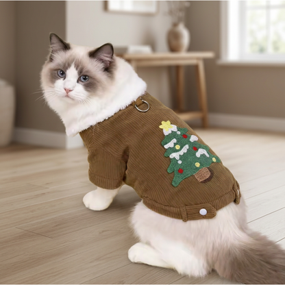 Coffee Christmas corduroy pet coat with Christmas tree appliqué worn by a cat