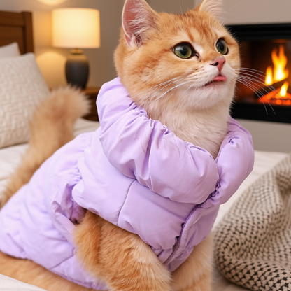 Purple puffer pet jacket with fleece lining worn by an orange cat indoors