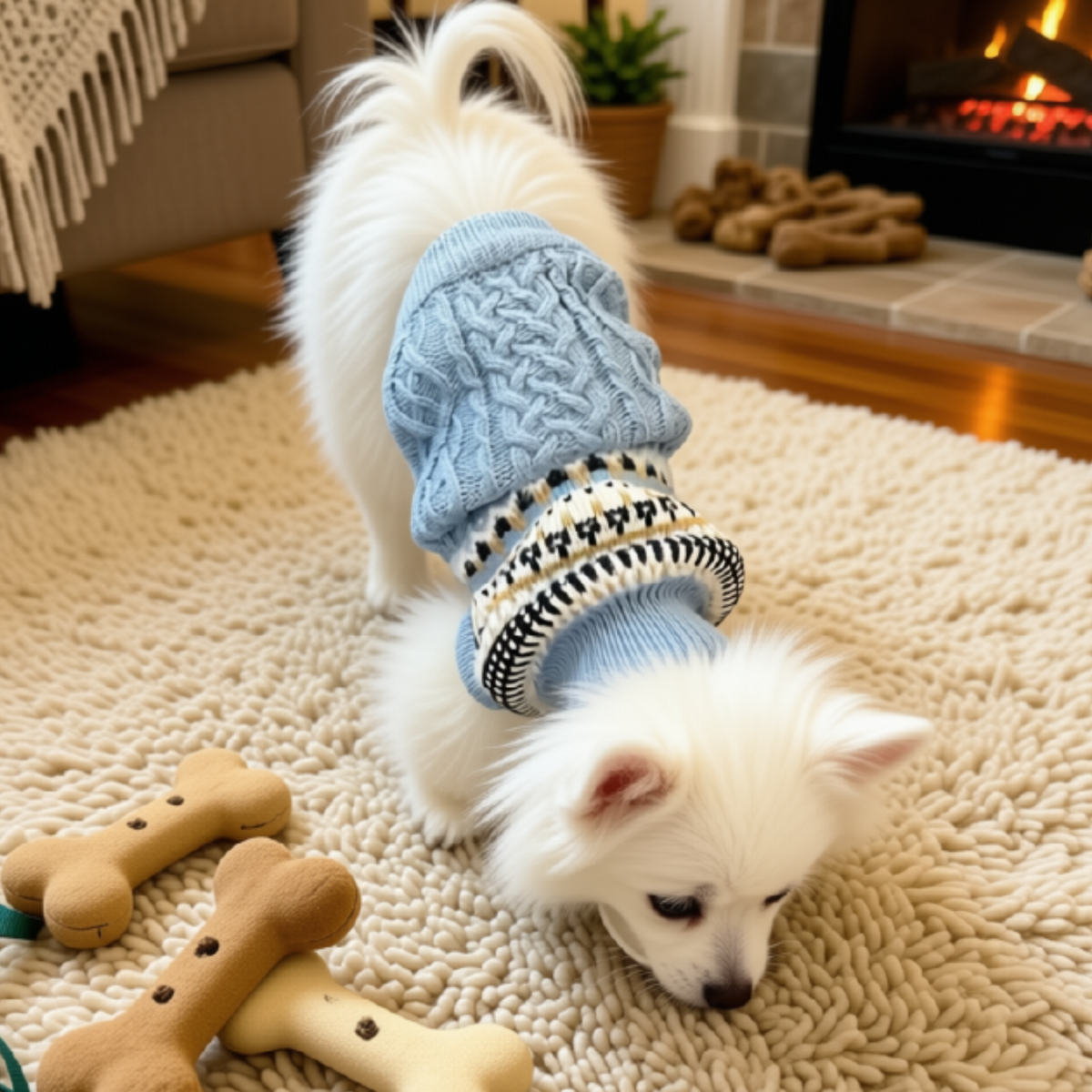 White dog wearing Light Blue Fair Isle Cable Knit Dog Sweater indoors by a fireplace
