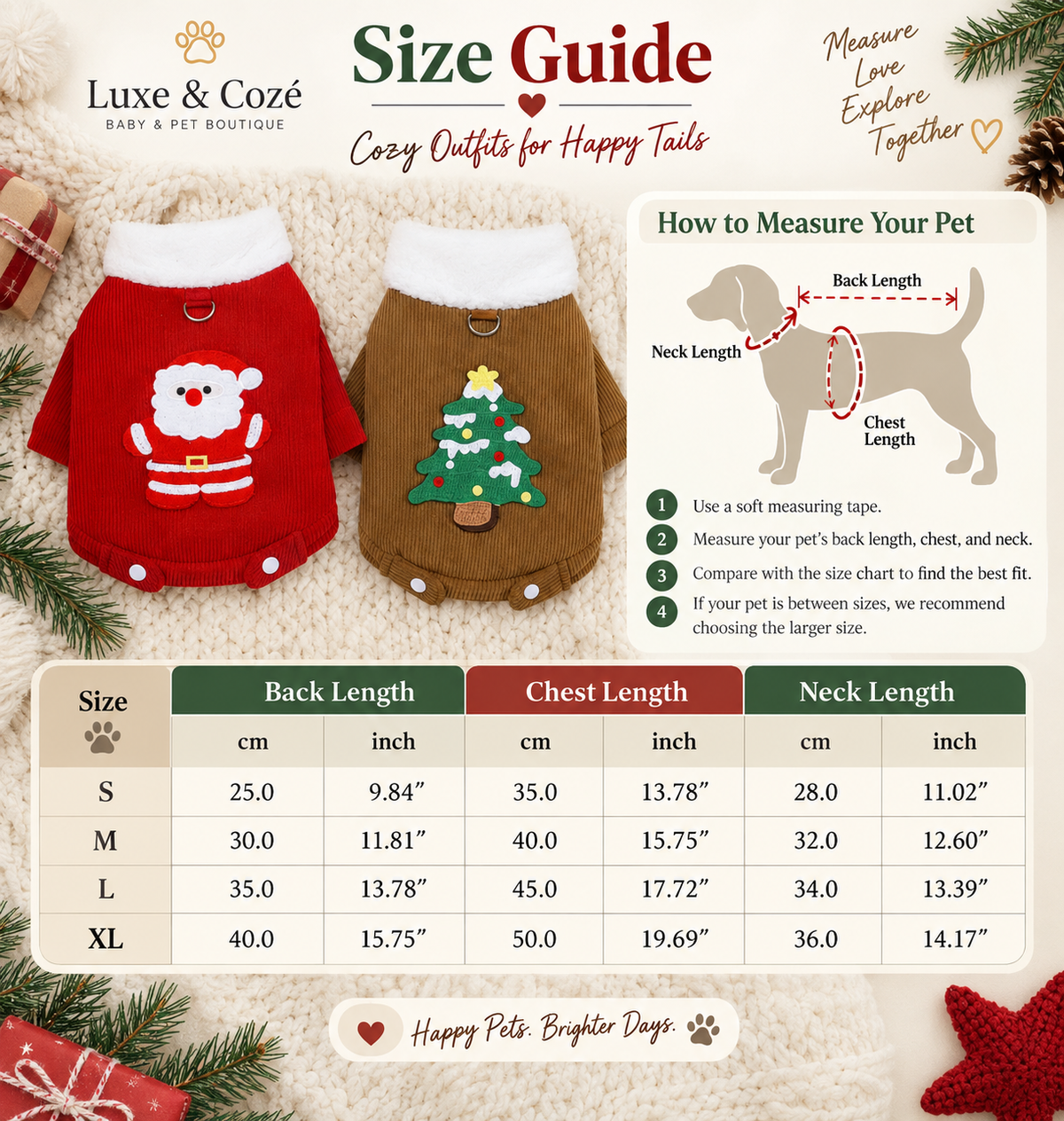 Christmas pet coat size guide with back, chest and neck measurements in inches and centimeters