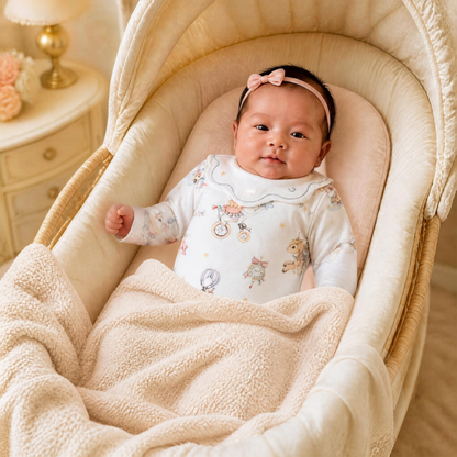 Baby wearing Circus Friends 100% cotton romper with ruffle collar in neutral nursery