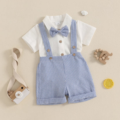 Classic Blue suspender outfit with a white shirt and bow tie displayed on a light background.