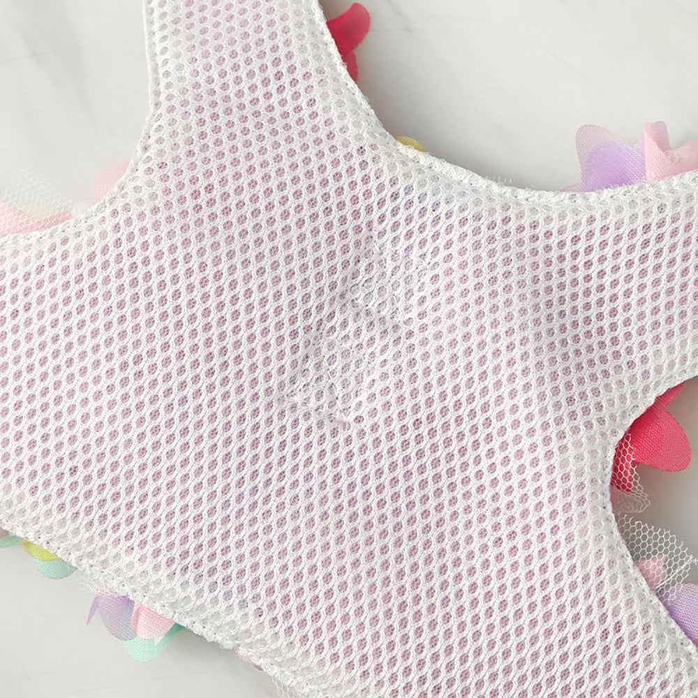 Close-up of breathable mesh lining inside the floral dog harness dress.