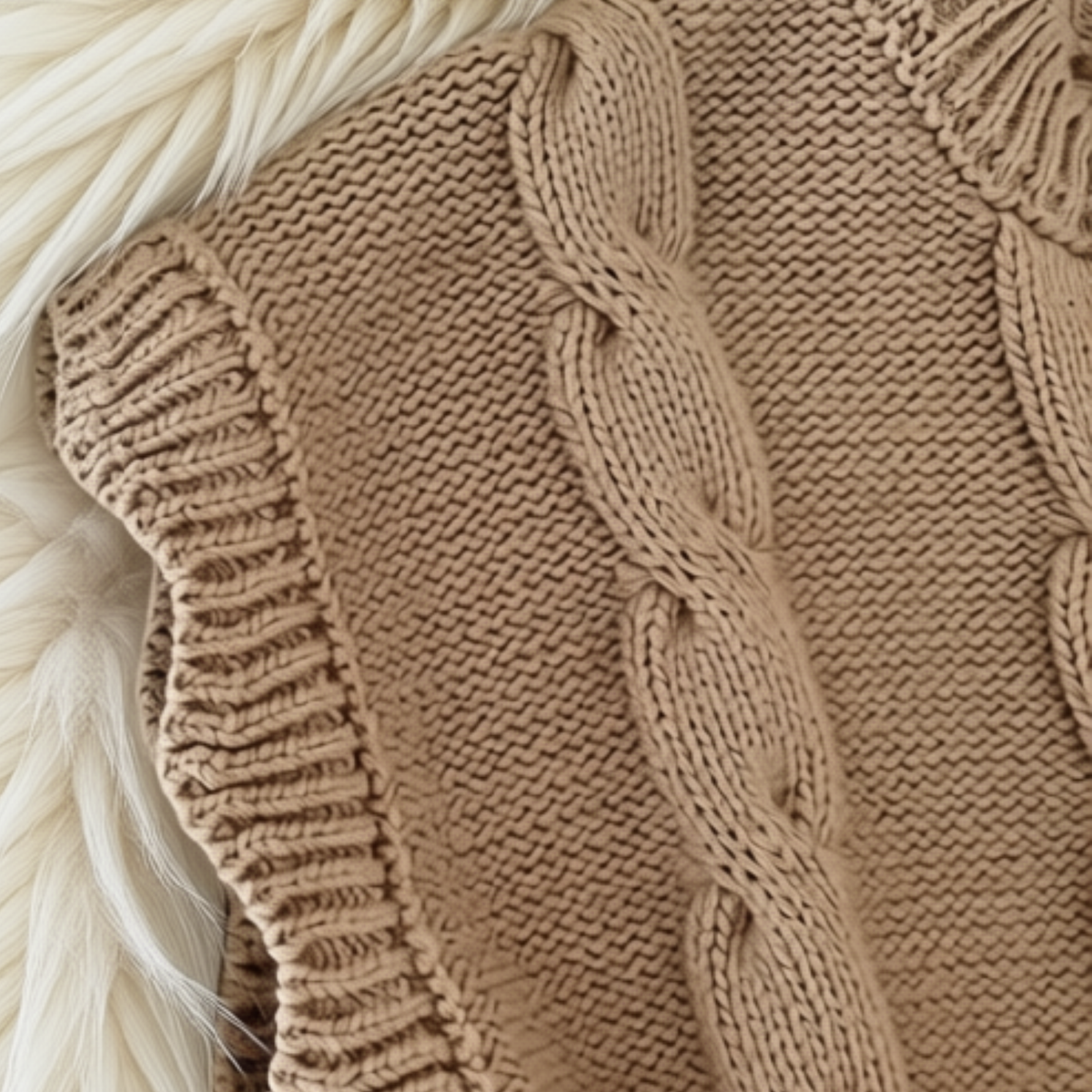 Close-up of light brown girls’ cable-knit vest texture and ribbed trim