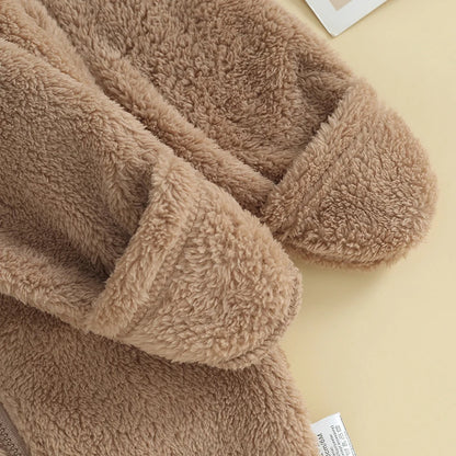 Close-up of sleeve cuff on brown fuzzy baby romper