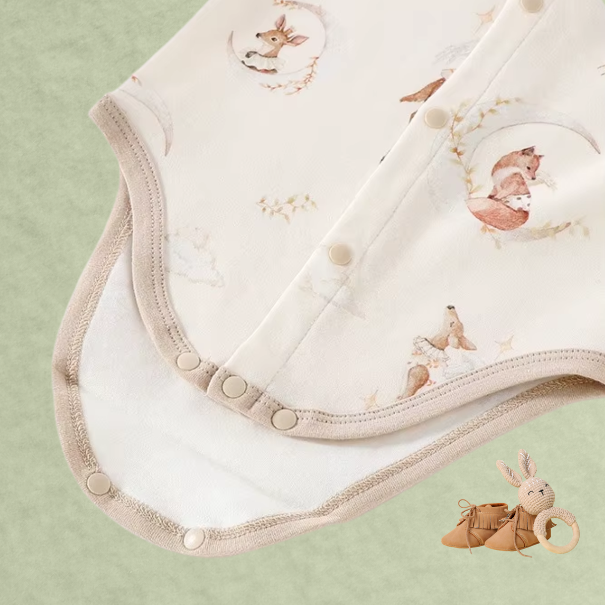 Close-up of Little Fox cotton baby romper with snap closures, fox print and contrast trim
