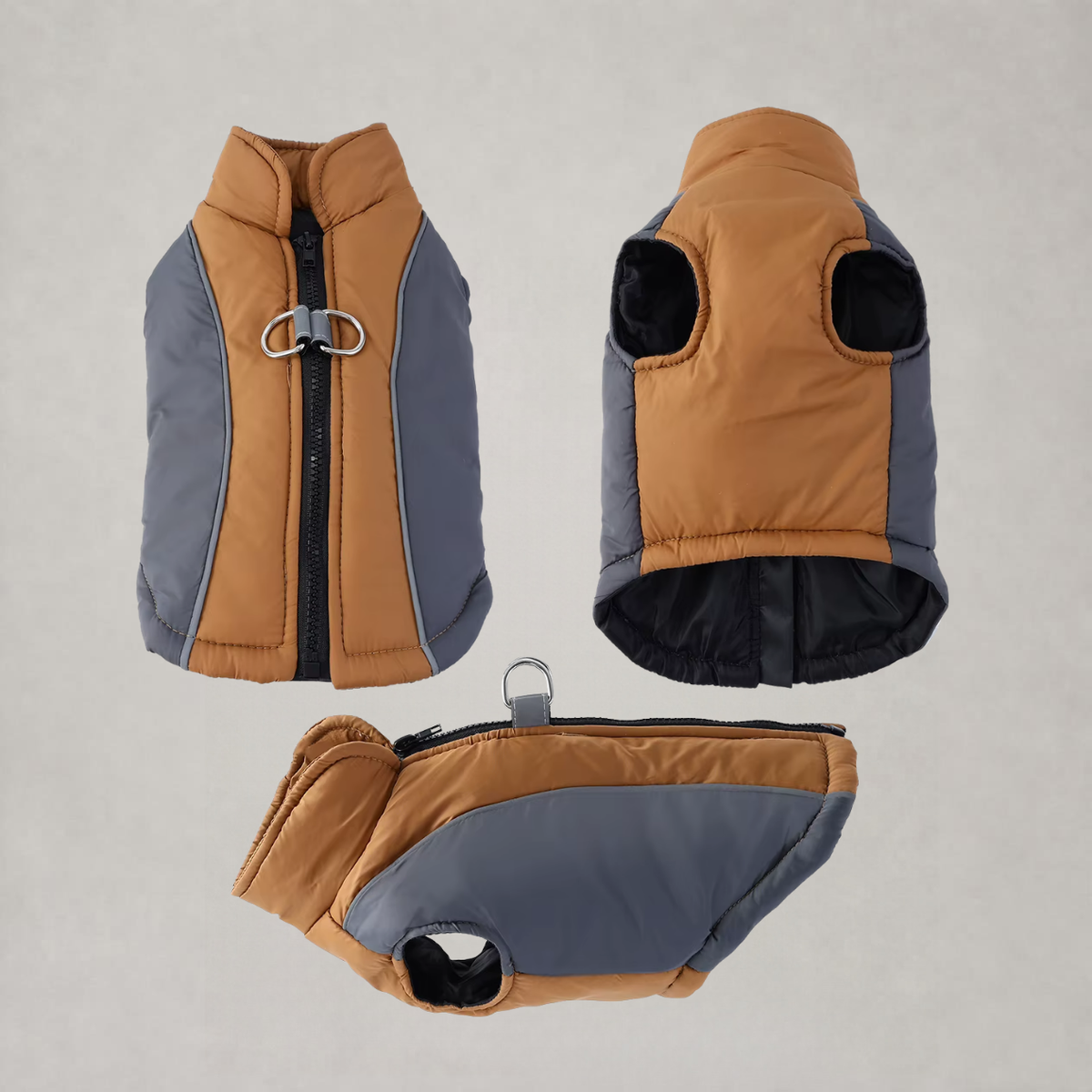 WindGuard Windproof Dog Vest in Coffee and Gray showing front zipper, D-ring, back and side views