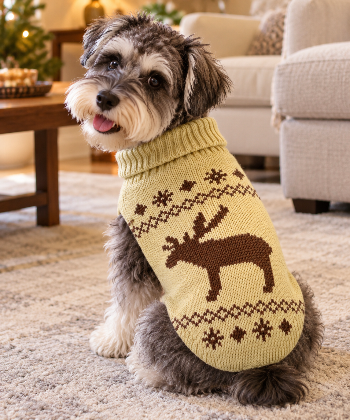 Miniature Schnauzer wearing a beige reindeer knit dog sweater with a ribbed turtleneck and brown reindeer design on the back, sitting in a cozy living room