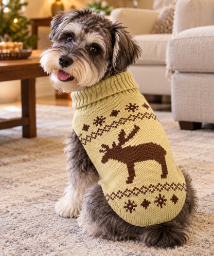 Miniature Schnauzer wearing a beige reindeer knit dog sweater with a ribbed turtleneck and brown reindeer design on the back, sitting in a cozy living room