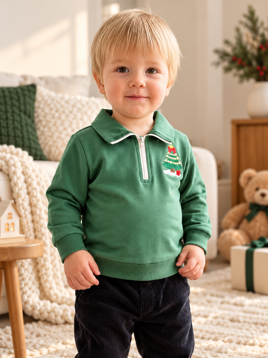 Toddler boy modeling the Little Evergreen Christmas Tree Quarter-Zip Pullover in green, featuring a white-trimmed collar and festive tree embroidery, in a cozy holiday room