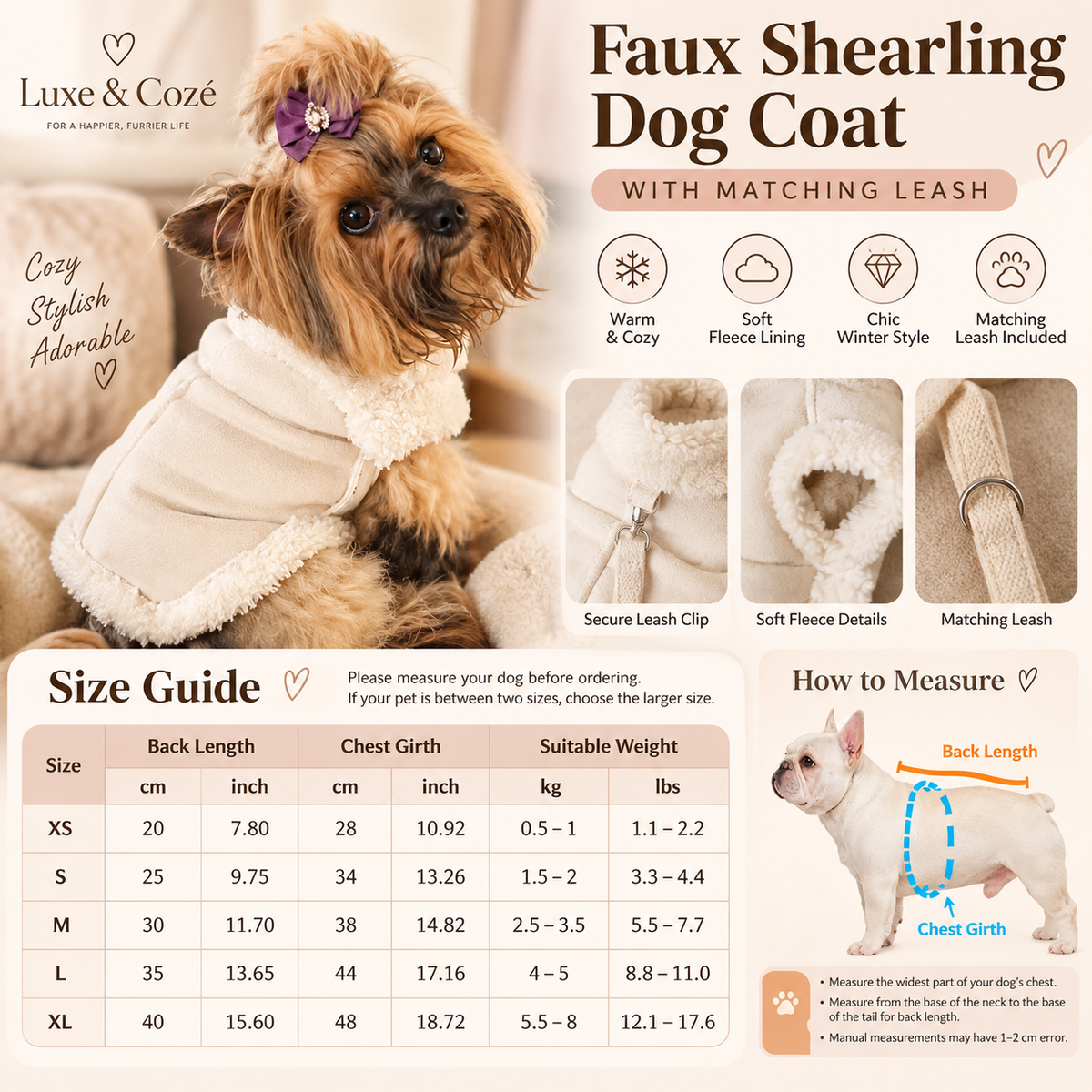 Luxe & Cozé cream white dog coat product infographic with size chart in inches and centimeters
