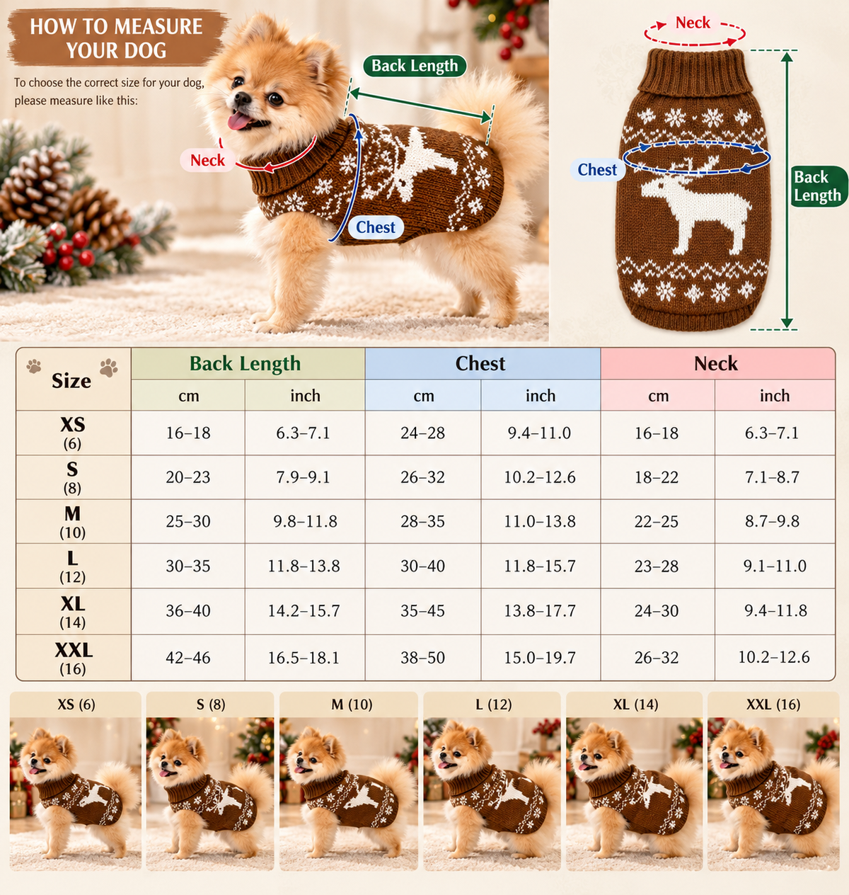 Reindeer knit dog sweater size guide showing how to measure back length, chest and neck, with measurements in inches and centimeters for sizes XS through 2XL