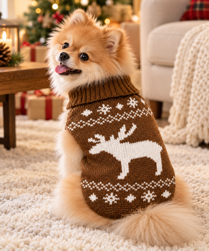 Pomeranian wearing a brown reindeer knit dog sweater with a white reindeer motif and snowflake patterns, sitting in a cozy living room