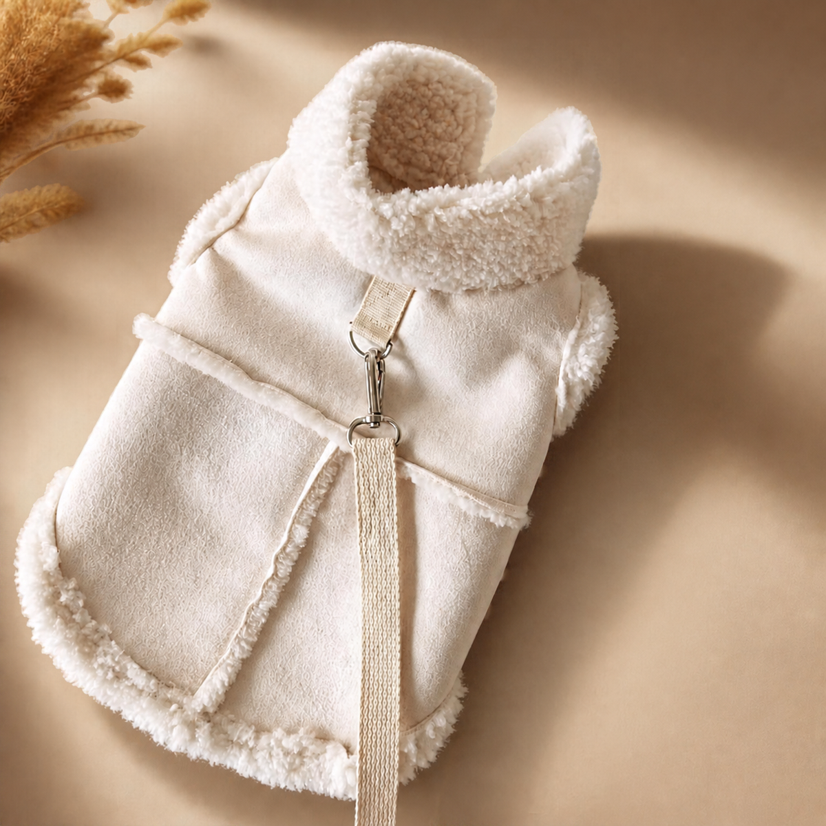 Cream white faux shearling dog coat with plush collar, trim and matching leash