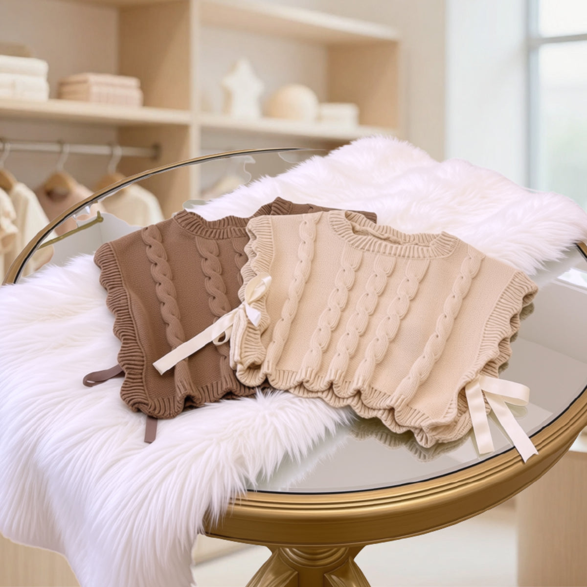 Cream and light brown girls’ cable-knit vests displayed on a gold table