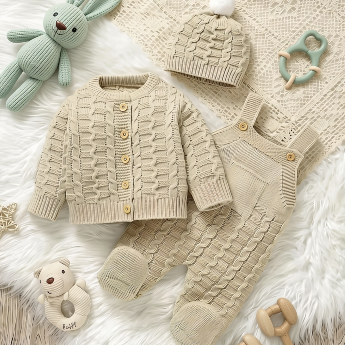 Cream cable knit baby 3-piece set with cardigan, footed overalls and pom-pom hat