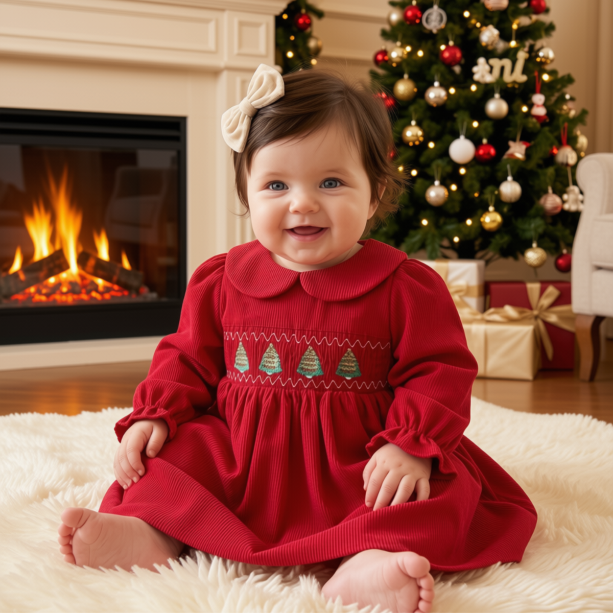 Baby girl wearing red Christmas Corduroy Dress with Christmas tree embroidery by a cozy fireplace