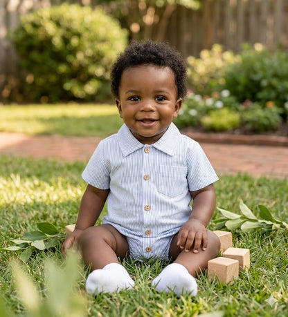 Baby wearing a sky blue striped cotton romper sitting on the grass outdoors.