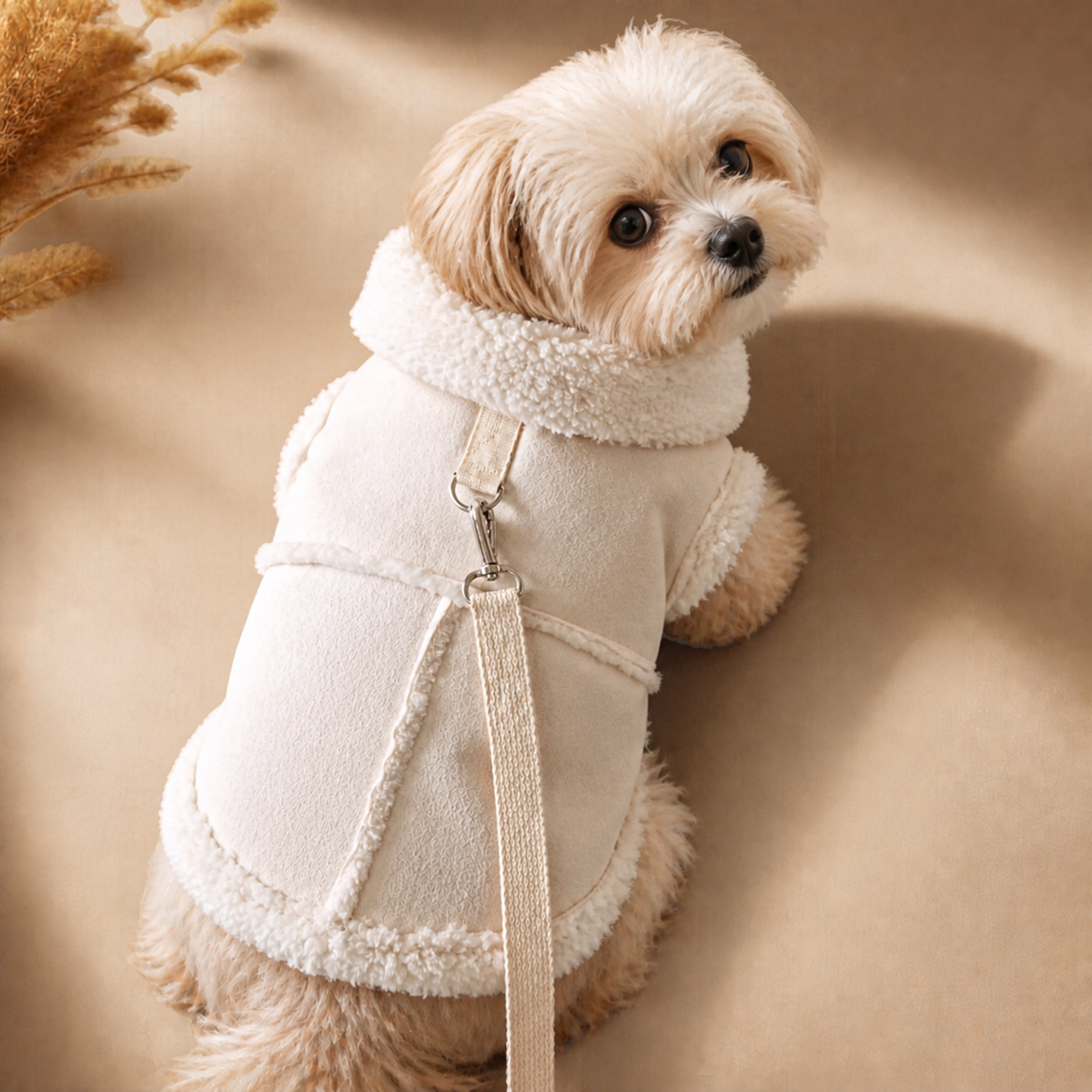 Small fluffy dog wearing a cream white faux shearling winter coat with matching leash