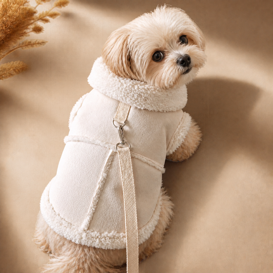 Small fluffy dog wearing a cream white faux shearling winter coat with matching leash