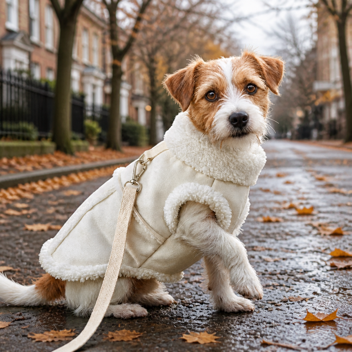 Small brown and white dog wearing a cream white winter coat with matching leash on a tree lined autumn street