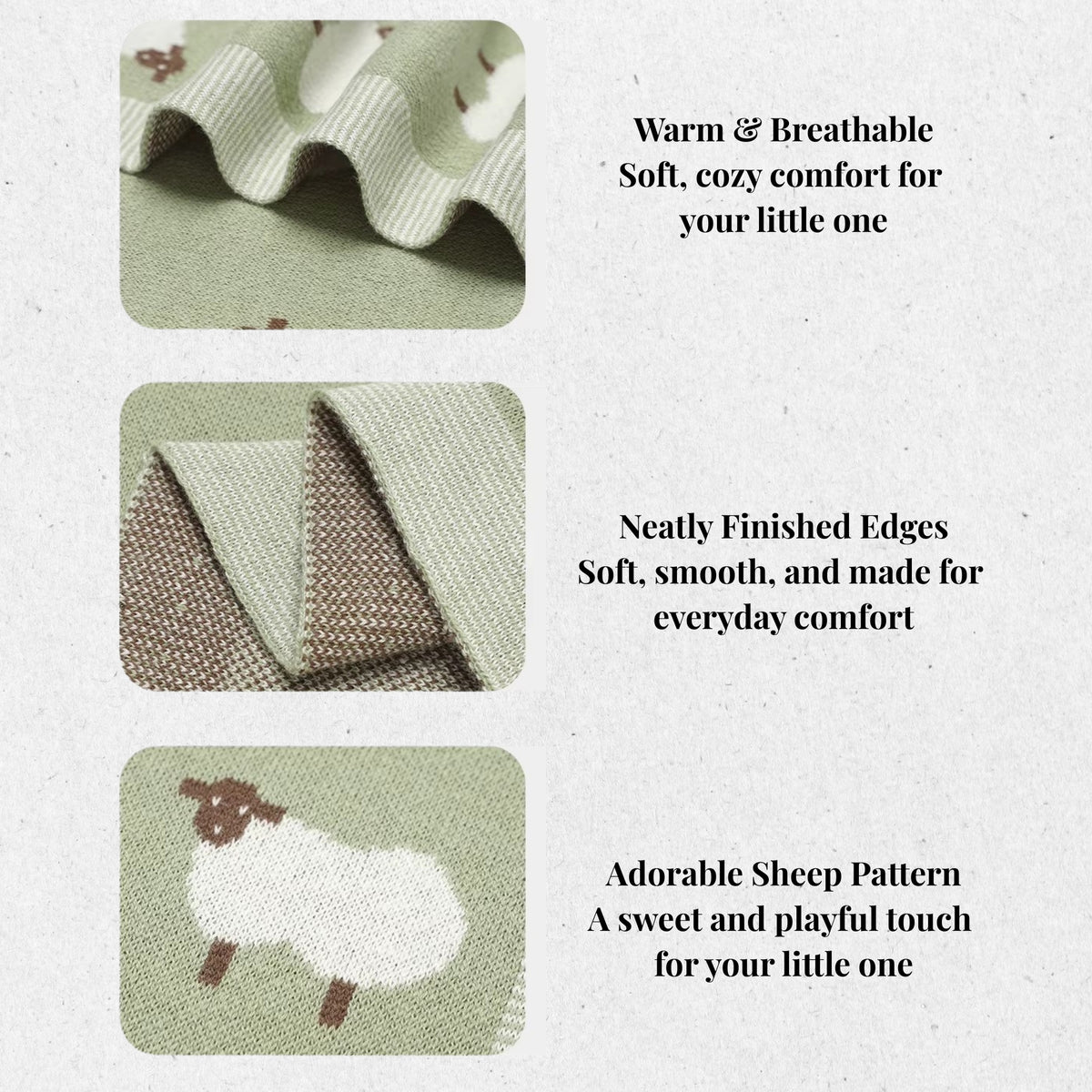 Baby blanket features showing warmth, finished edges, and sheep pattern