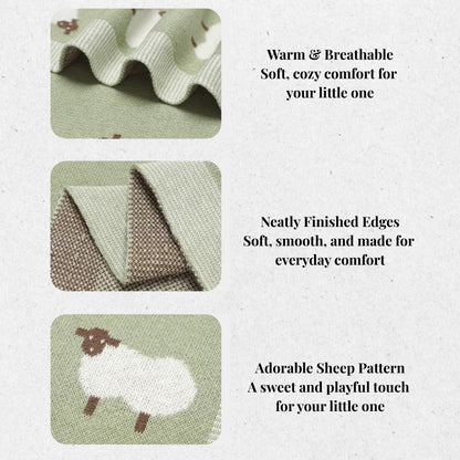 Baby blanket features showing warmth, finished edges, and sheep pattern