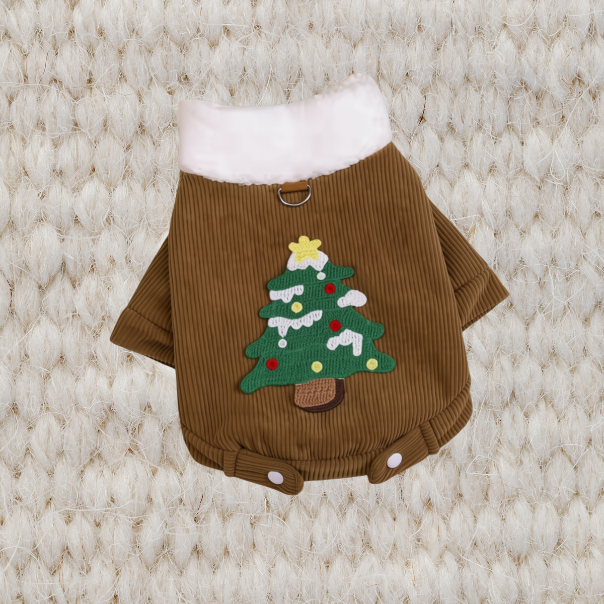 Coffee Christmas corduroy pet coat with Christmas tree appliqué and white fleece collar