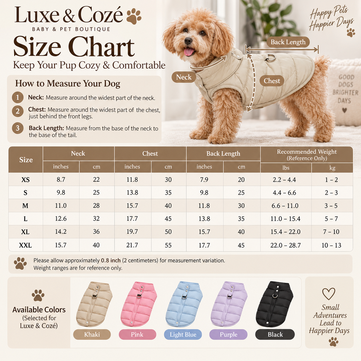 Luxe & Cozé puffer pet jacket size chart with measurements and available colors