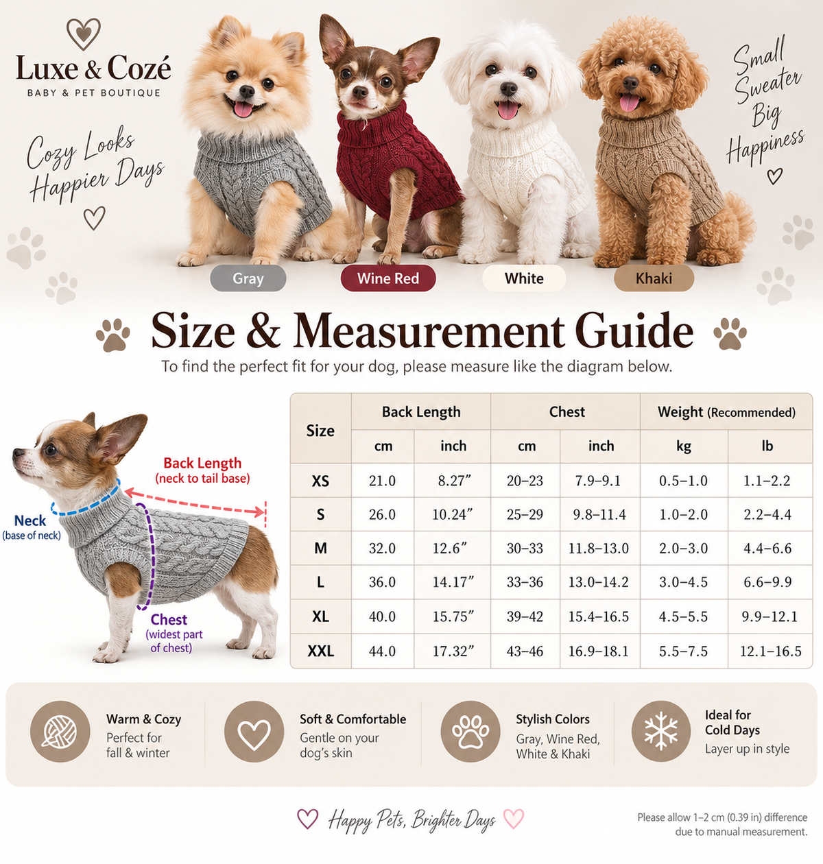 Luxe & Cozé dog sweater size and measurement guide with XS to XXL sizing, chest, back length and weight