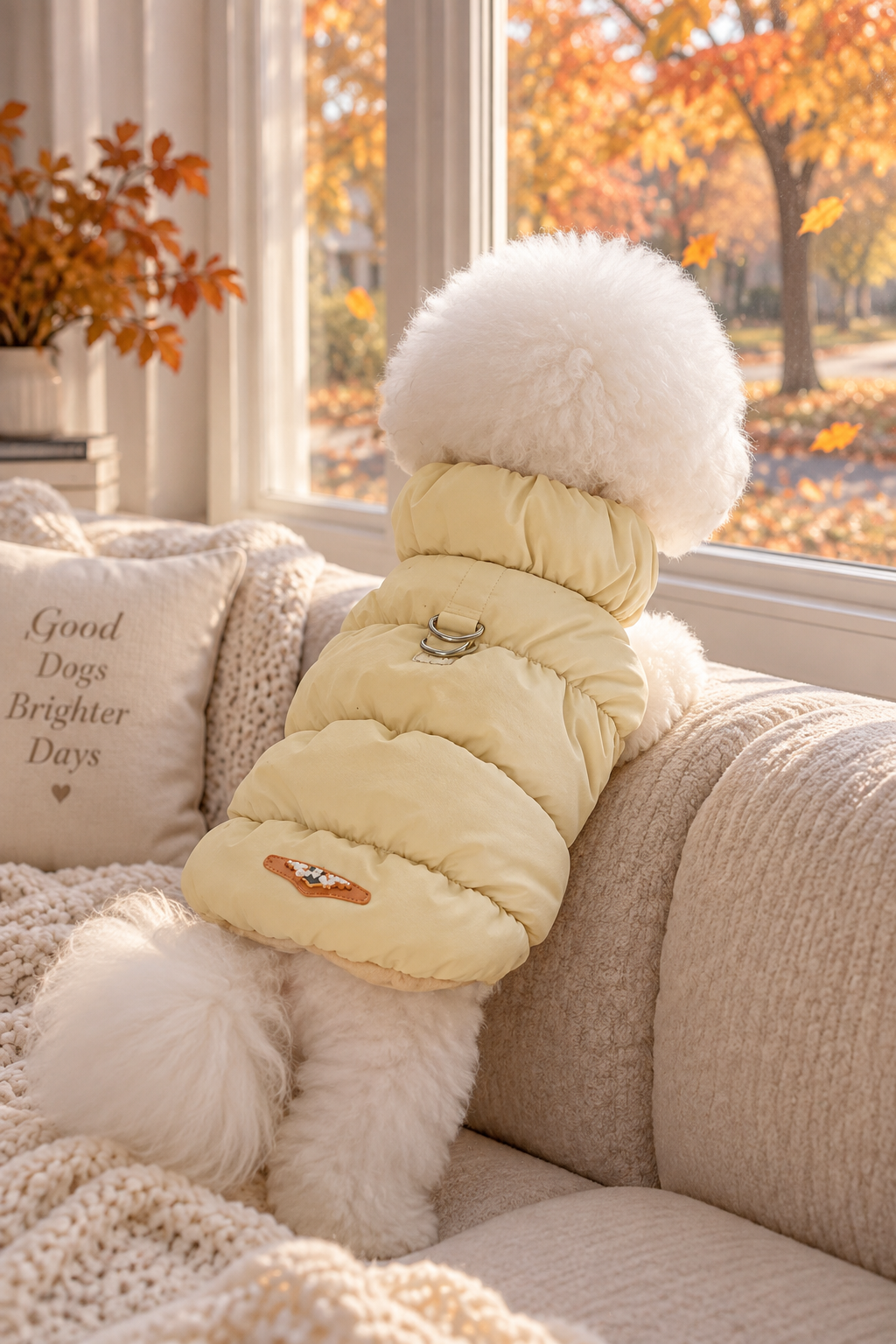 Khaki puffer pet jacket on a small white dog by a fall window