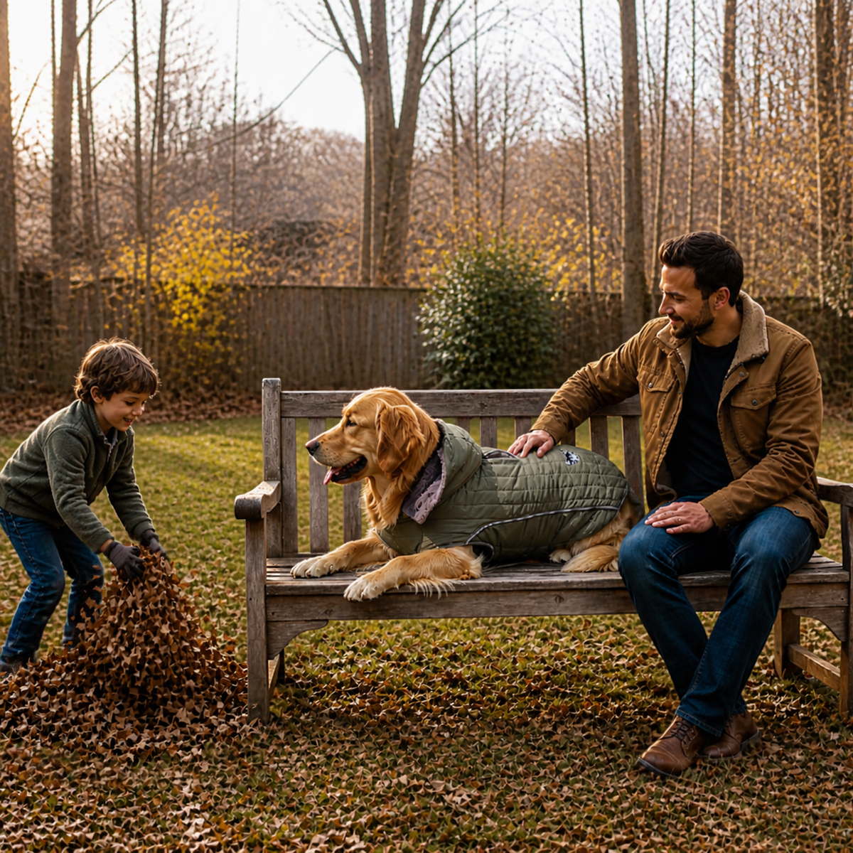 Golden Retriever wearing an olive green quilted winter coat beside its owner on a wooden bench while a child plays with autumn leaves