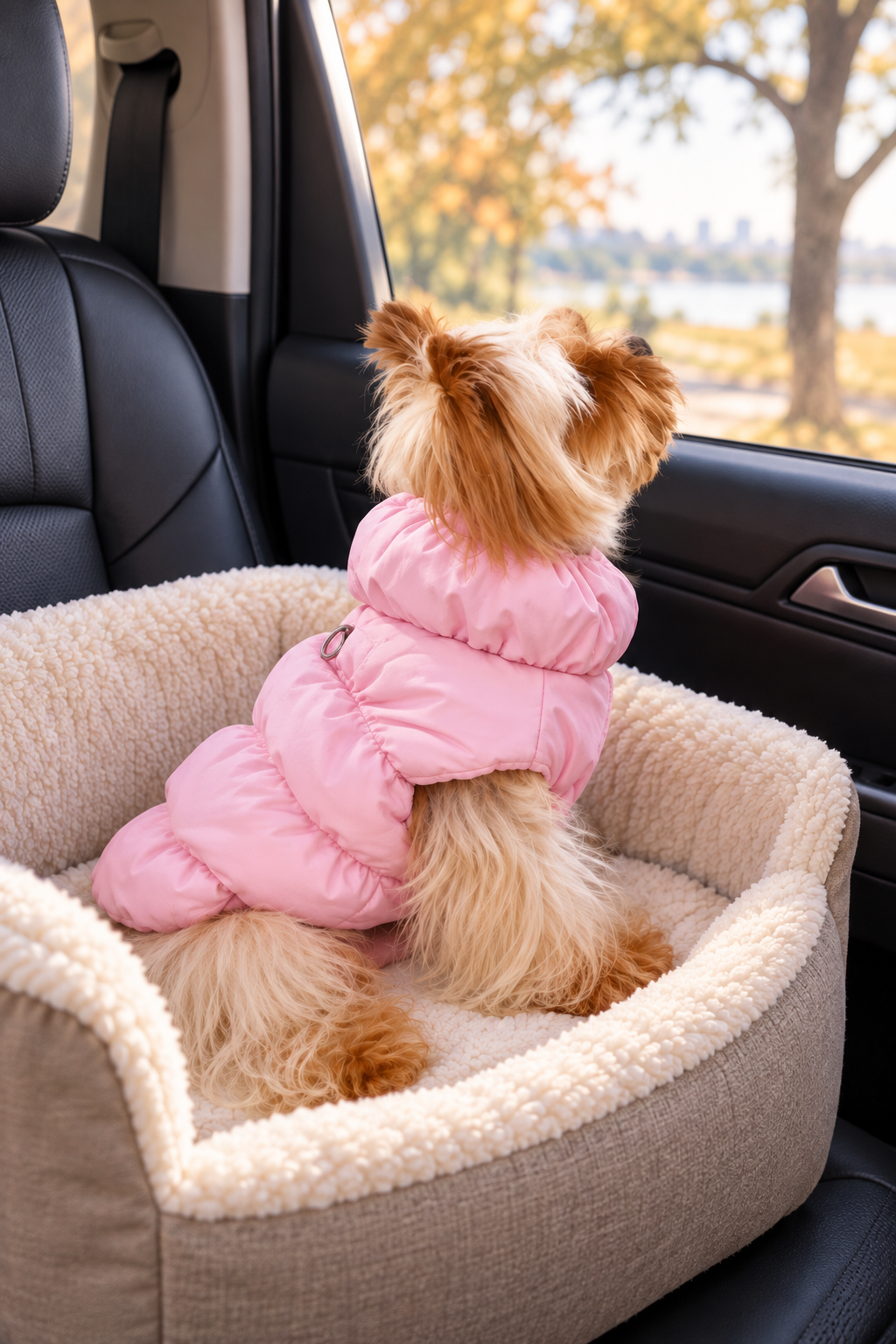 Pink puffer pet jacket on a small dog sitting in a car pet bed
