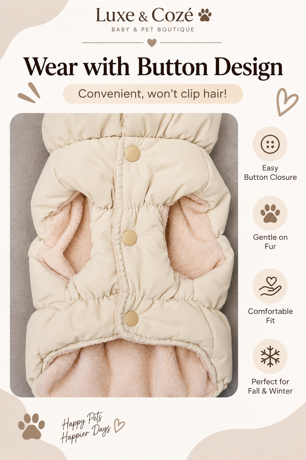 Khaki puffer pet jacket showing easy button closure and fleece lining