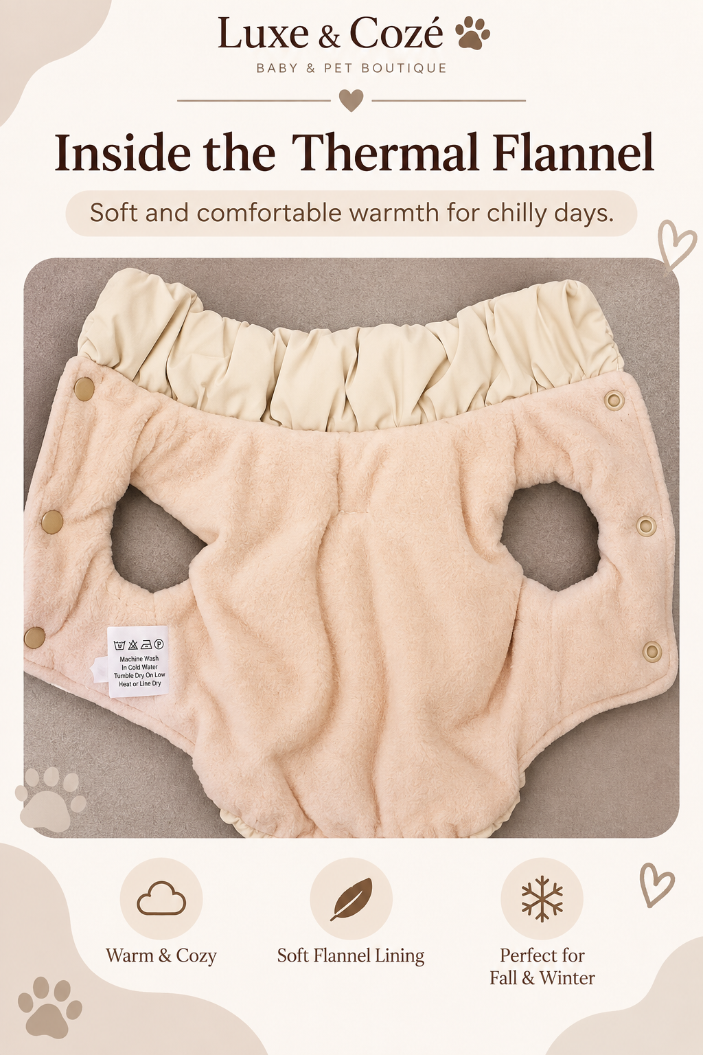 Khaki puffer pet jacket showing soft thermal flannel lining
