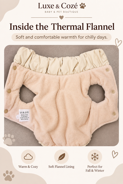 Khaki puffer pet jacket showing soft thermal flannel lining