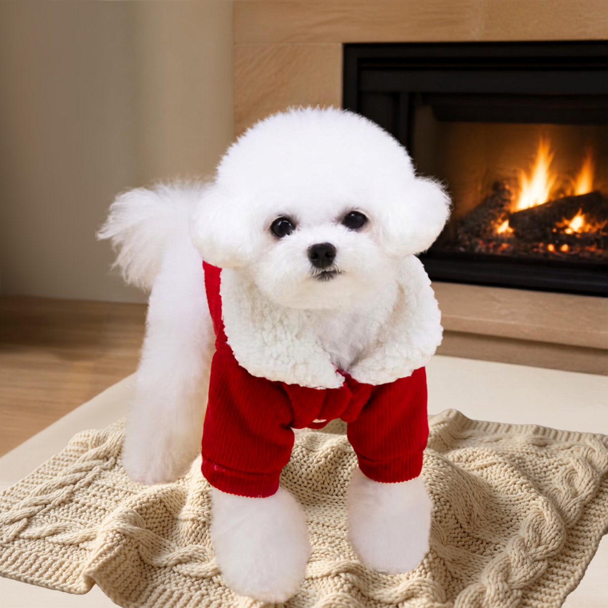 Small white dog wearing red corduroy pet coat with soft white fleece collar