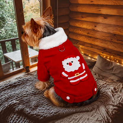 Red Christmas corduroy pet coat with Santa Claus appliqué worn by a small dog