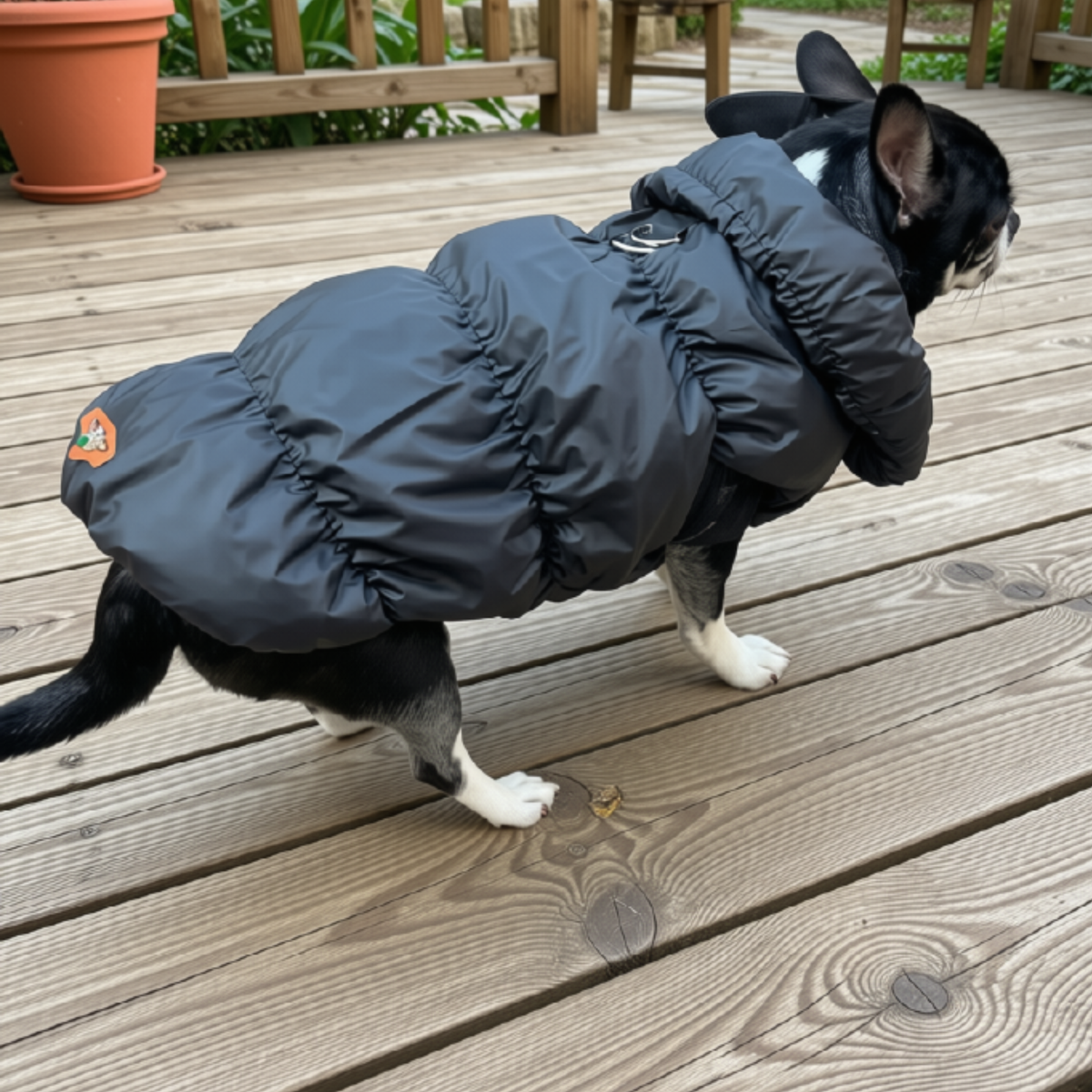 Black puffer pet jacket with D-ring worn by a small dog outdoors