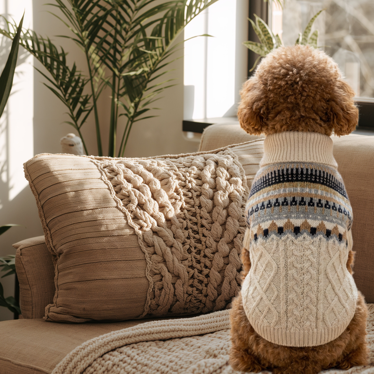 Small brown dog wearing White Fair Isle Cable Knit Dog Sweater in a cozy indoor setting
