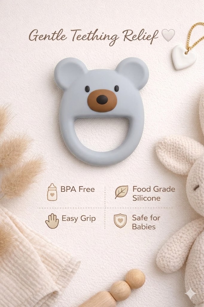 Dusty Blue Luxe Bear silicone baby teether with BPA-free, food-grade silicone and easy-grip features