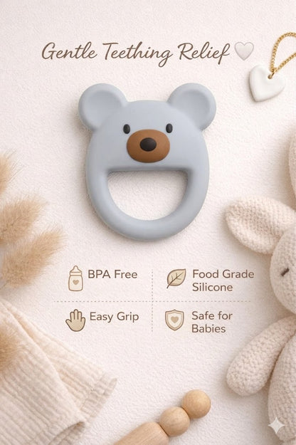 Dusty Blue Luxe Bear silicone baby teether with BPA-free, food-grade silicone and easy-grip features