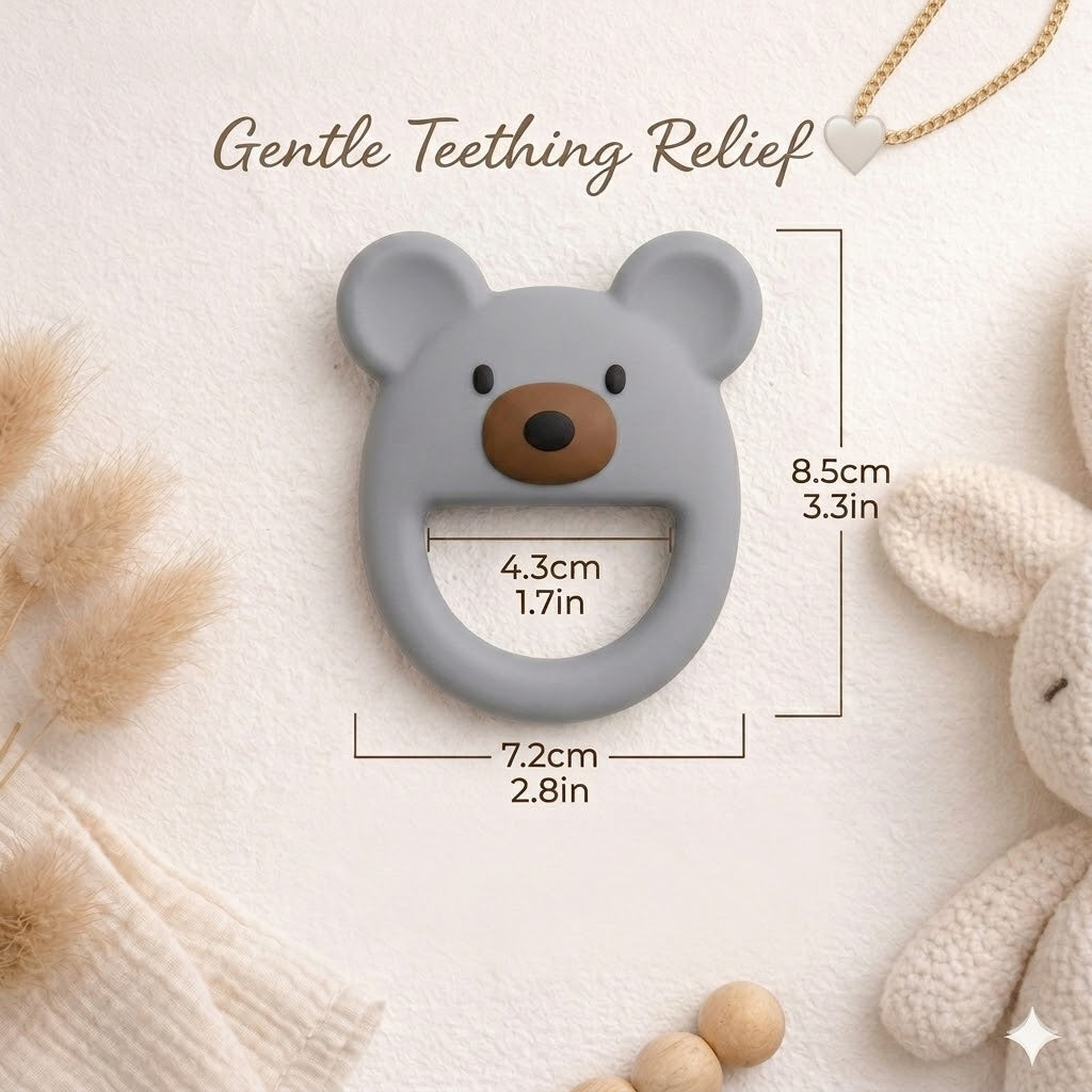Dusty Blue Luxe Bear silicone baby teether with product dimensions